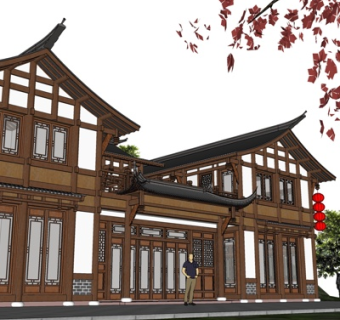 新中式酒店客栈su模型