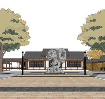 中式游客服务中心外观su模型