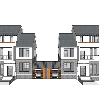 新中式连排别墅su模型