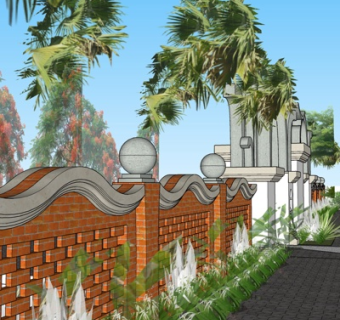 欧式红砖围墙su模型