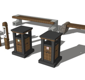 新中式实木垃圾桶su模型