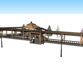 新中式实木长廊su模型