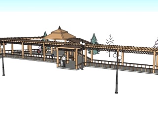 新中式实木长廊su模型