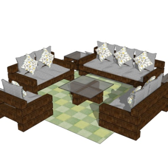 现代实木组合沙发su模型