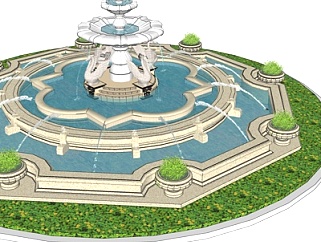 欧式水池喷泉小品su模型