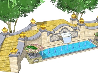 现代水池喷泉小品su模型