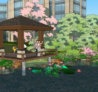 新中式湖边凉亭su模型