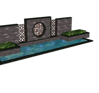 新中式水池景观墙su模型