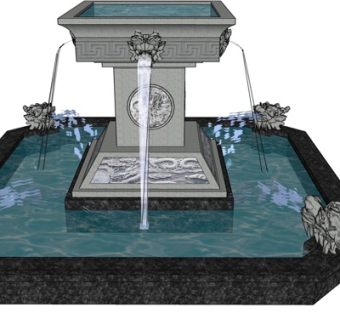 中式龙头喷泉小品su模型