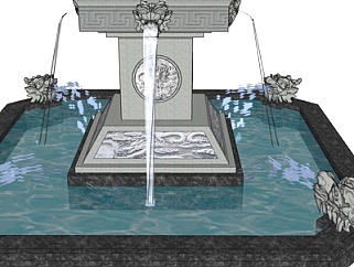中式龙头喷泉小品su模型