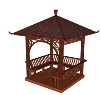 中式实木四角凉亭su模型