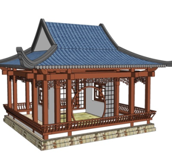 中式实木四角凉亭su模型