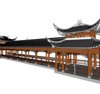 中式长廊凉亭su模型