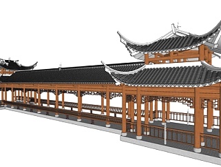 中式长廊凉亭su模型