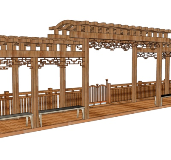 新中式实木长廊su模型