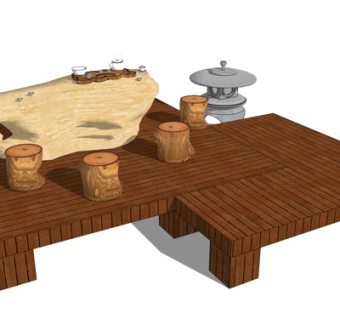 新中式根雕茶桌椅su模型