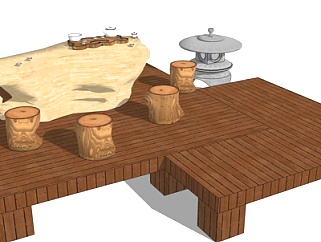 新中式根雕茶桌椅su模型