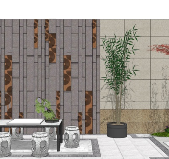 新中式室外休闲桌椅su模型