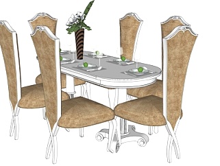 欧式条形餐桌椅su模型
