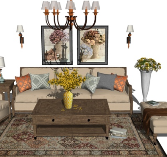 美式实木组合沙发su模型