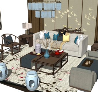 新中式组合沙发su模型