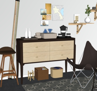 现代边柜吧椅休闲椅su模型