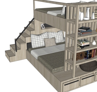 现代实木儿童高低床su模型