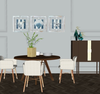 北欧实木圆形餐桌椅su模型