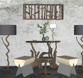 北欧原木休闲桌椅su模型