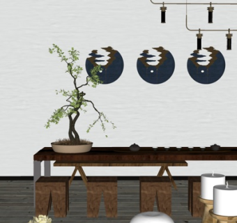 新中式实木茶桌椅su模型