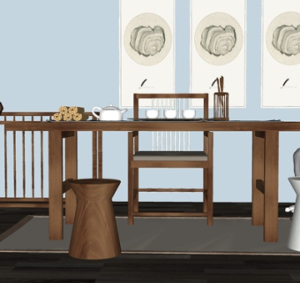 新中式实木茶桌椅su模型