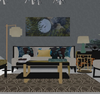 新中式布艺组合沙发su模型