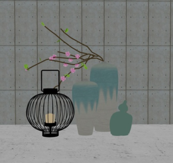 新中式灯笼花瓶摆件su模型