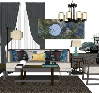 新中式布艺组合沙发su模型