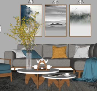 北欧布艺组合沙发su模型