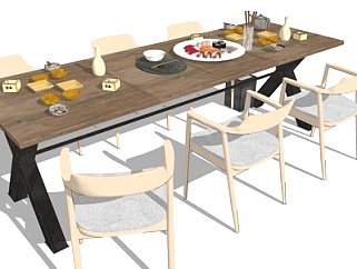 北欧原木餐桌椅su模型
