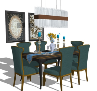 欧式条形餐桌椅su模型