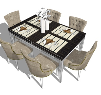 简欧条形餐桌椅su模型