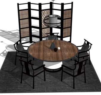 新中式圆形实木餐桌椅su模型