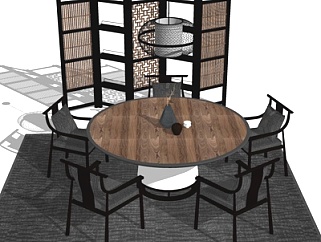 新中式圆形实木餐桌椅su模型