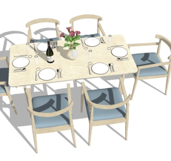 北欧原木餐桌椅su模型