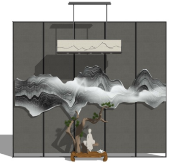 新中式禅意玄关摆件su模型