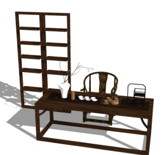 新中式茶桌椅su模型