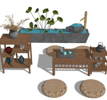 新中式茶桌椅su模型