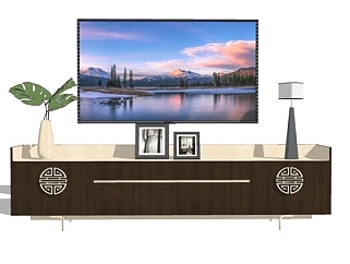 新中式实木电视柜su模型