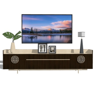 新中式实木电视柜su模型