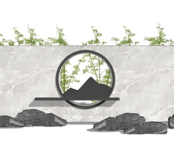 新中式景观墙su模型