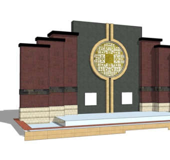 新中式喷泉景观墙su模型