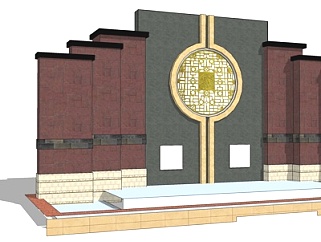 新中式喷泉景观墙su模型