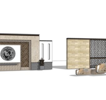 新中式景观墙su模型